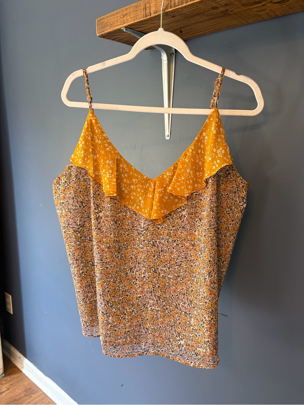 Floral Ruffle V-Neck Cami Tank Top - Mustard, XL